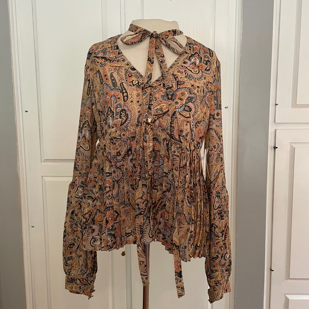 NWT Leifsdottir Anthropologie Blouse‎ Tie Neck Paisley Print Sheer Size 4